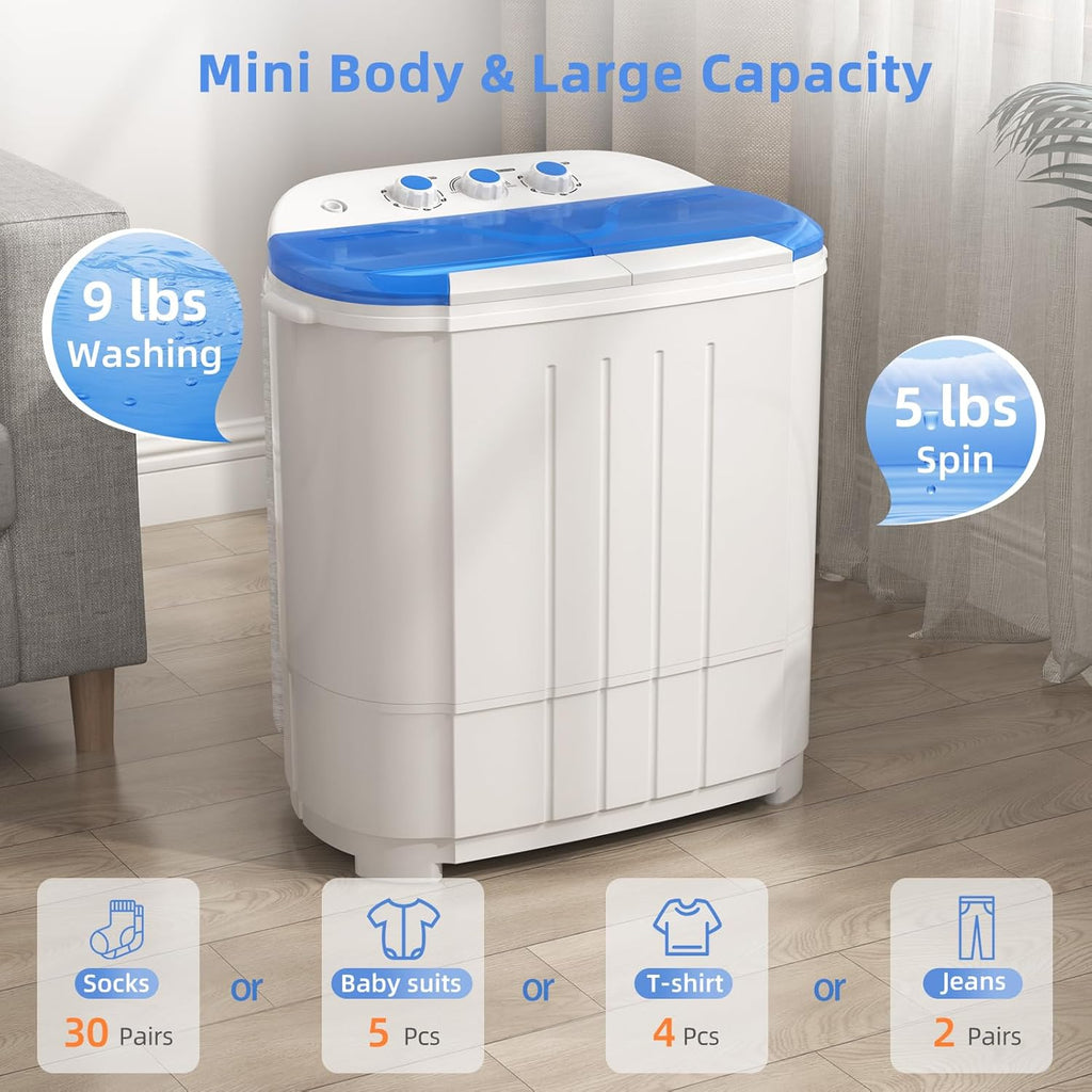 Portable Washing Machine, Twin Tub Washing Machine Laundry Compact Washer spinner Combo with 14lbs capacity, 9Lbs