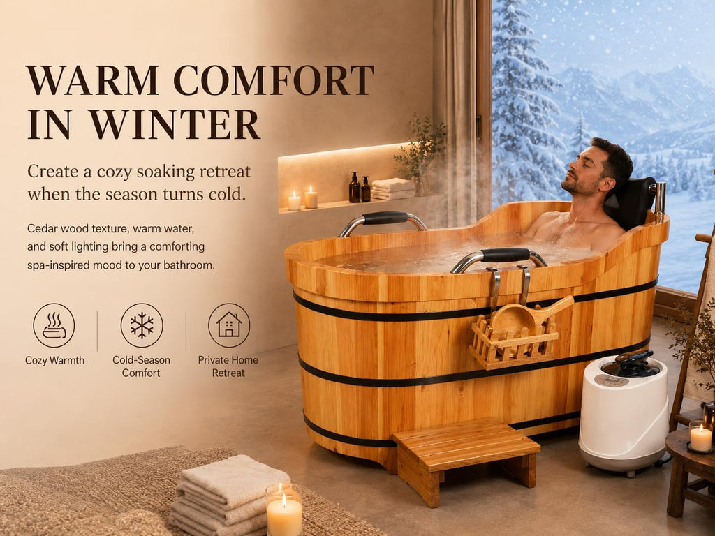 Cedar Wood Soaking Tub for Adults, Freestanding Wooden Bathtub with Lid & Steamer, Deep Japanese Style Bath Tub with