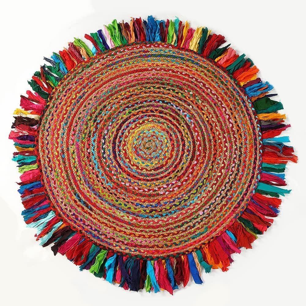 Jute Area Rug 6ft-Natural Fiber Round Cotton Fringes Handmade Boho Multicolour Soft Braided Rustic V