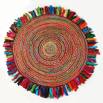 Jute Area Rug 6ft-Natural Fiber Round Cotton Fringes Handmade Boho Multicolour Soft Braided Rustic V