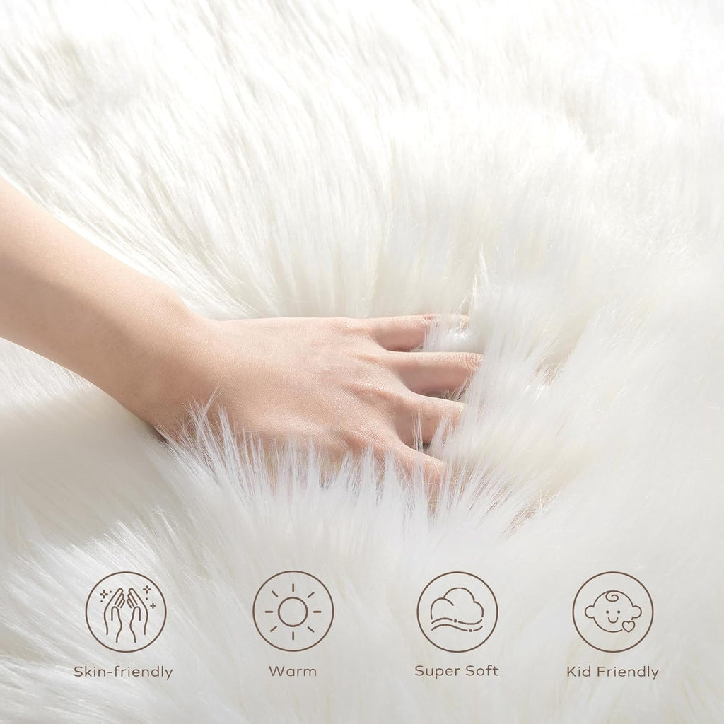 Faux Fur Rug, Fluffy White Small Sheepskin Rug, Ultra Soft Ft Mat, Machine Washable Shag Mats, Nursery