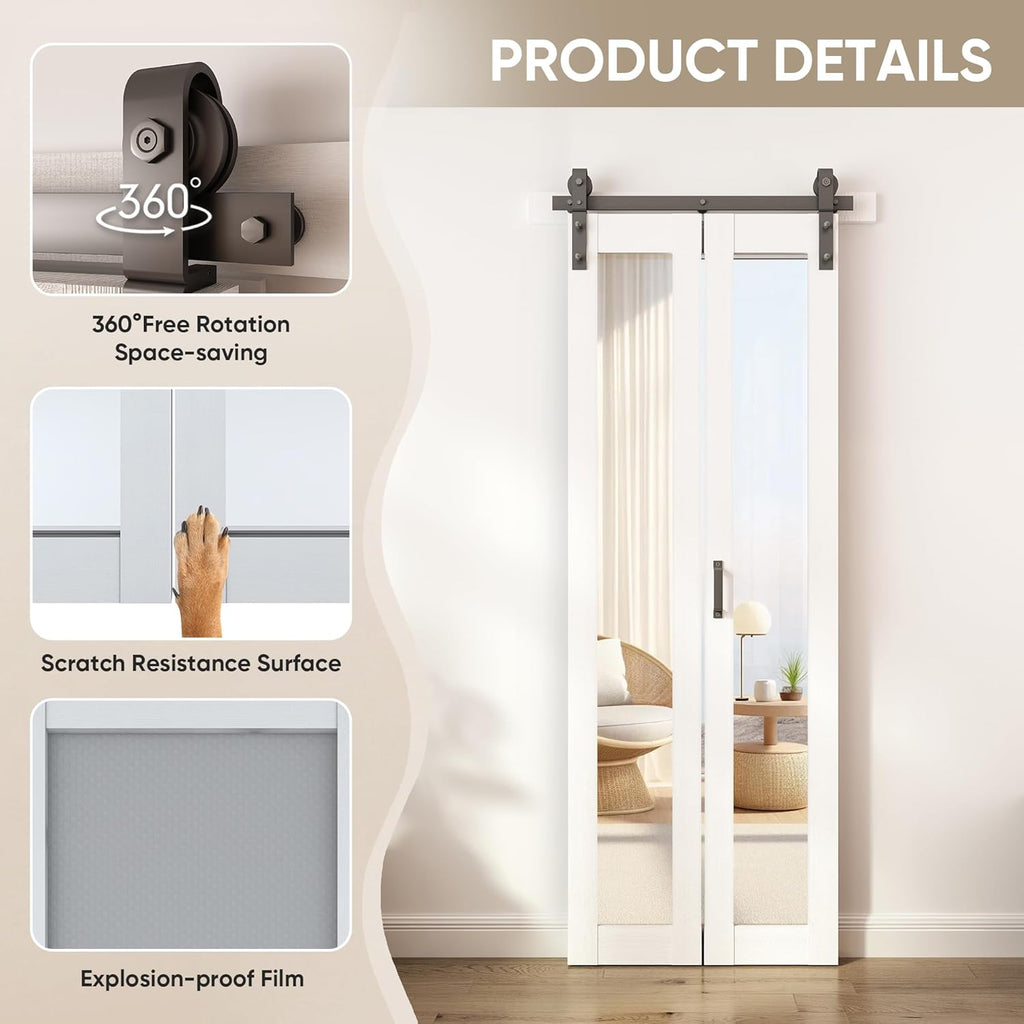Bifold Barn Doors Mirror Closet Door, Bi fold Sliding Barn Doors with Hardware Include, Shatterproof