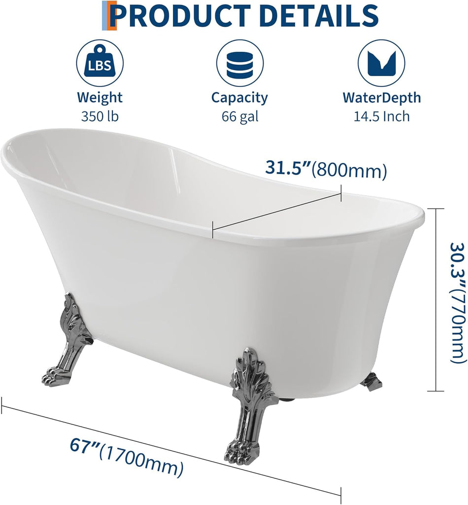 Freestanding Clawfoot Bathtub 67 Inch Acrylic Slipper Soaking Tub with Chrome Feet & Pop-Up Drain, Elegant Stand