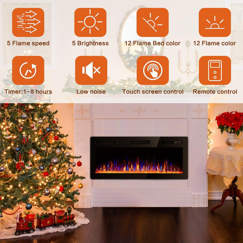 72 Inch Ultra Thin Electric Fireplace-Narrow Bezel Linear Fireplace Heater Recessed Wall Mounted