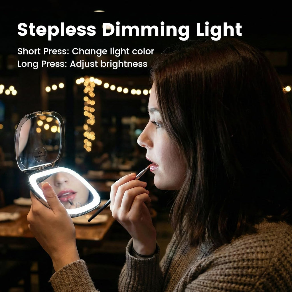 1X 10X Magnifying Compact Makeup Mirror, 3 Color Dimmable LED Lighted Travel Mirror, Double Sided 4"