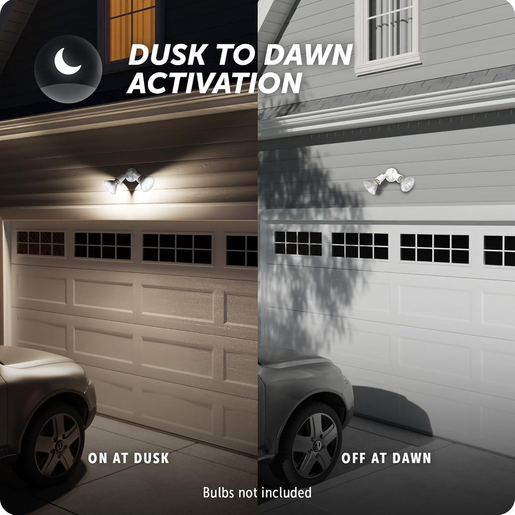 240W Twin Head Dusk to Dawn Security Flood Light, White Finish, Automatic Photocell, Hardwired, Weather Resistant