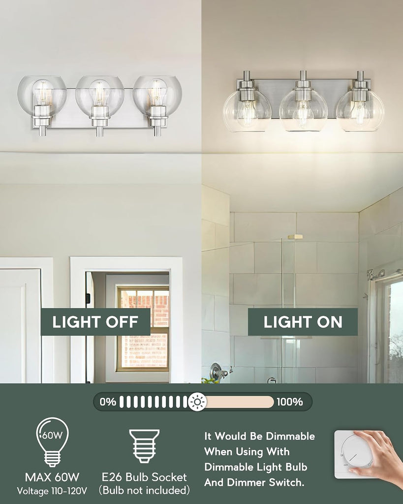 Bathroom Light Fixtures, 3-Light Brushed Nickel Vanity Light, Modern Wall Sconces with Globe Clear Glass Shade
