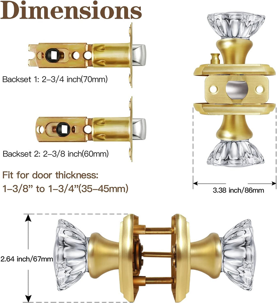 Premium Glass Door Knobs, Bathroom Bedroom Door Knobs with Lock, Privacy Gold Door Knob Interior, Satin Brass
