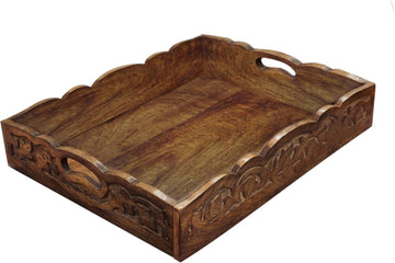 Hand Carved Wooden Serving Tray - Decorative Breakfast Tray with Handles - Rustic Wooden Food Tray with Intricate
