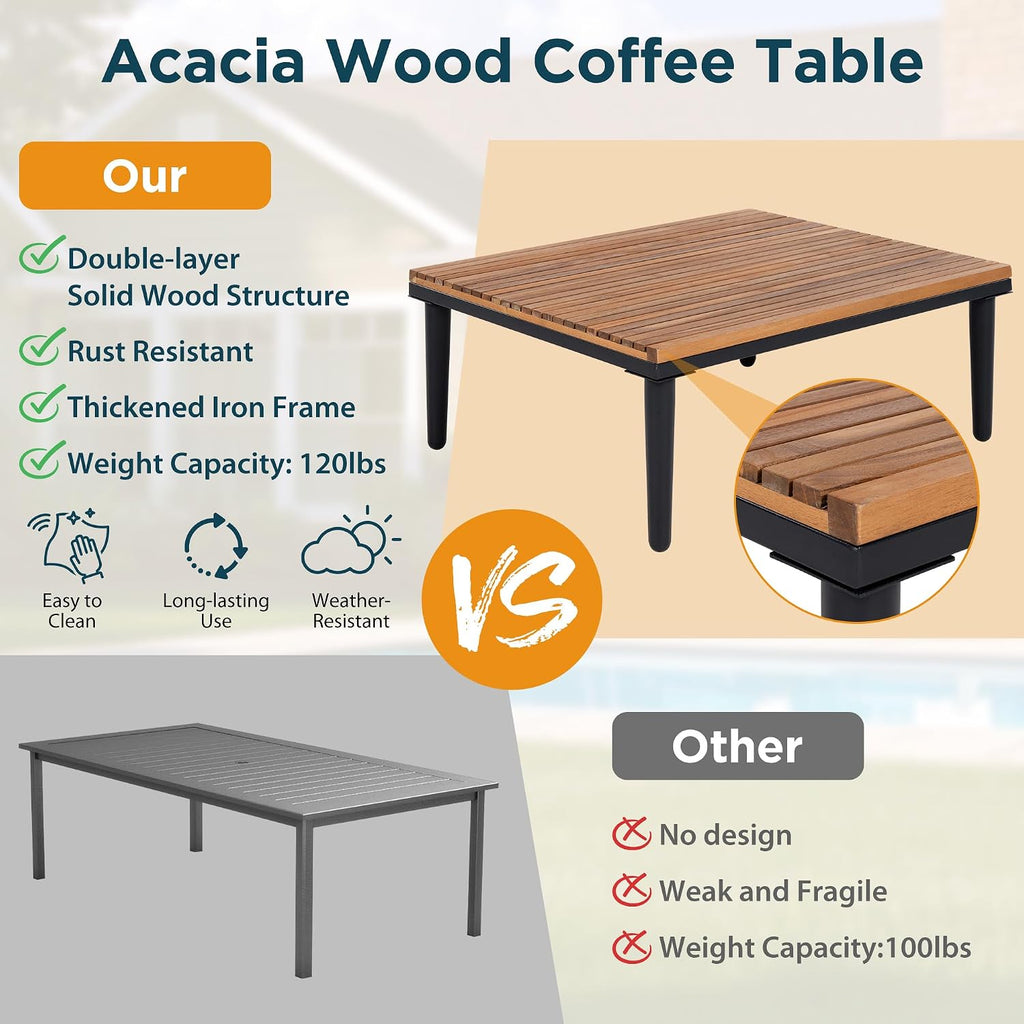 Acacia Wood Outdoor Sectional Sofa Set - Luxury L-Shaped Patio Furniture with Removable Cushions, Coffee Table & Side