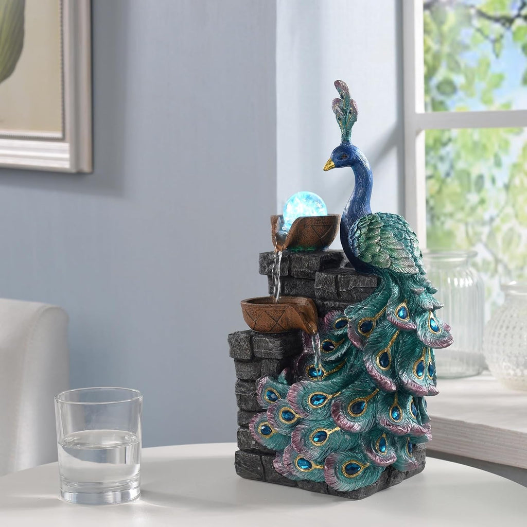 Tabletop Water Fountain Decor, Peacock with LED Glass Color Changing Globe,Relaxation Decorative Desktop Water Zen