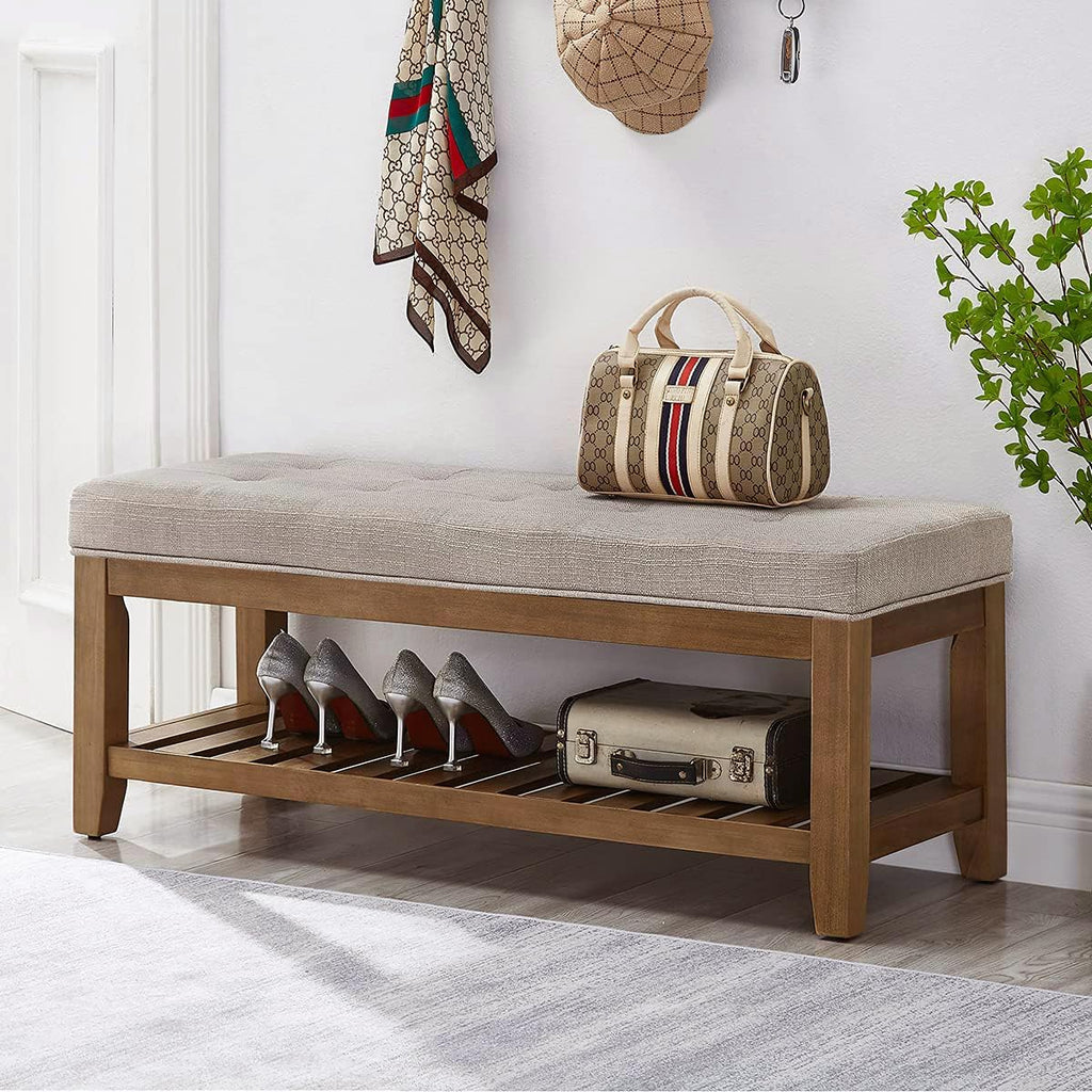 Large Rectangular Upholstered Tufted Linen Fabric Ottoman Bench, Padded Bench with Solid Wood Shelf-Linen