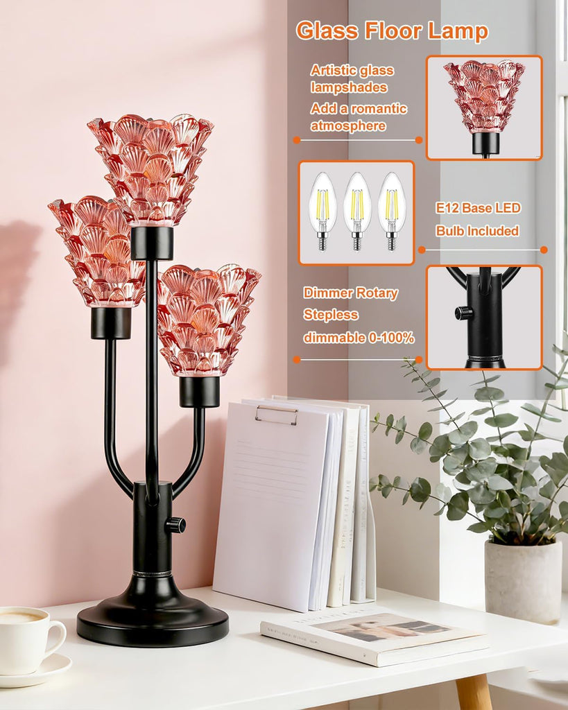 Glass Table Lamp Dimmable Mid Century Modern Black Desk Lamp with Red Glass Shades 3 Bulbs Included 3000K Warmwhite