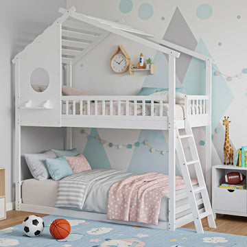 Wood Twin Over Twin House Bunk Bed, Loft Bed with Ladder, Safety Guardrail, Wooden Slats & Window