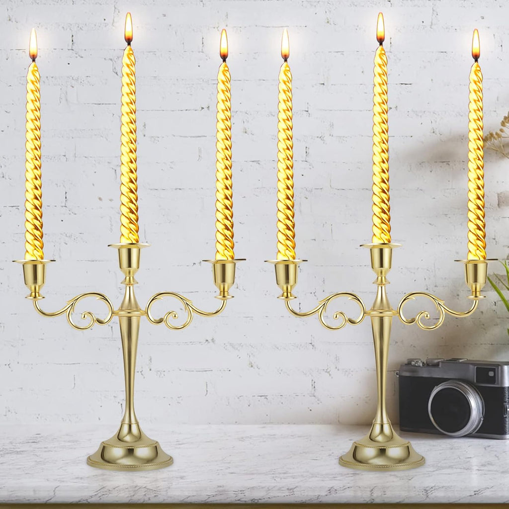 Gold Candelabra Centerpiece 3-Arms Candelabra Candle Holder for Tables, 2 Packs Metal Candlestick Stand Candelabras