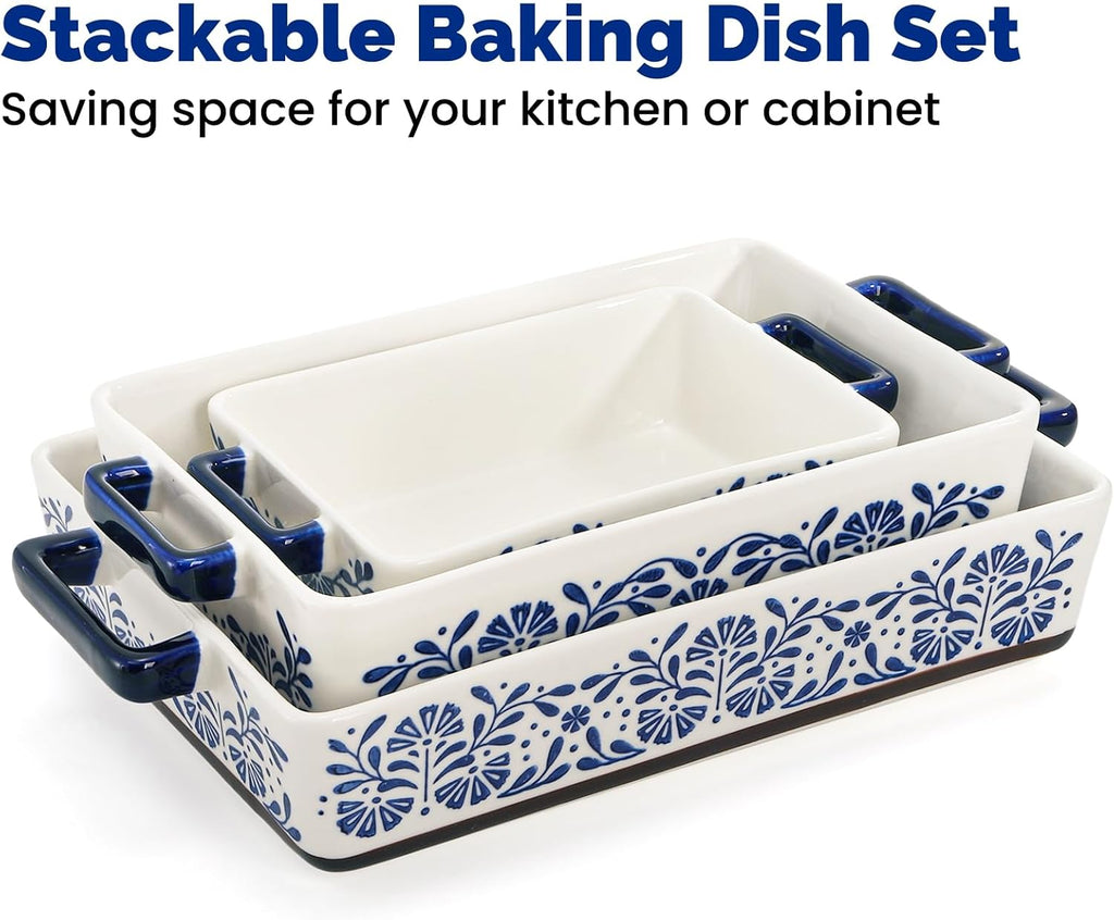 3 Pack Rectangular Ceramic Dish Set for Oven, Hand-Painted Floral Design Non-Stick and Stackable Casserole Dish with