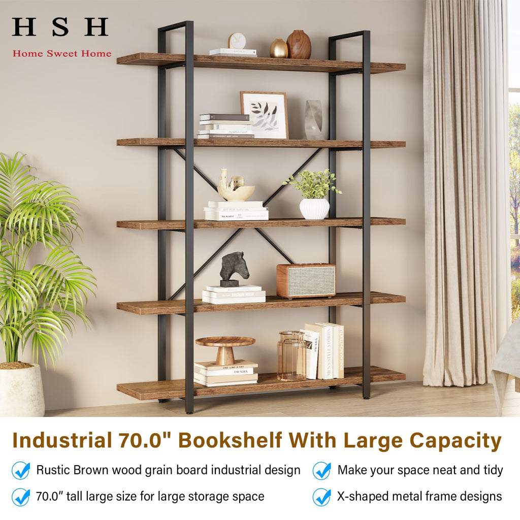 Rustic Wood Bookshelf, 5 Shelf Bookcases with Storage, Rustic Brown