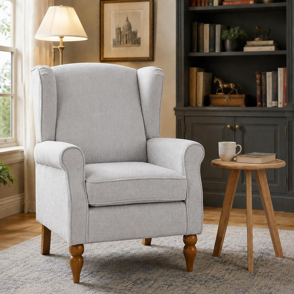 High Back Wingback Accent Chair, Modern Upholstered Armchair Comfy Reading Chair with Solid Wood Legs Bedroom