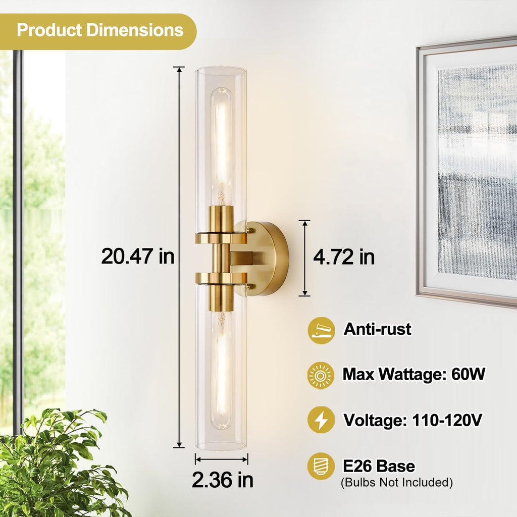 Wall Sconces Set of Two, Hardwired Brushed Gold Bathroom Sconces Wall Lighting with Clear Glass, Modern Sconces Wall