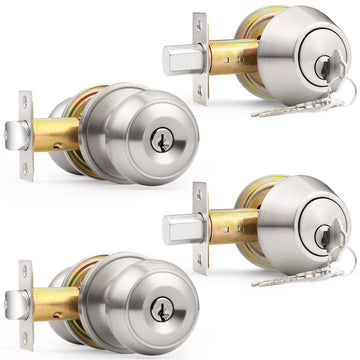 Front Door Entry Handles Lockset and Double Cylinder Deadbolt Combination Set, Satin Nickel (2 Pack) Keyed Alike