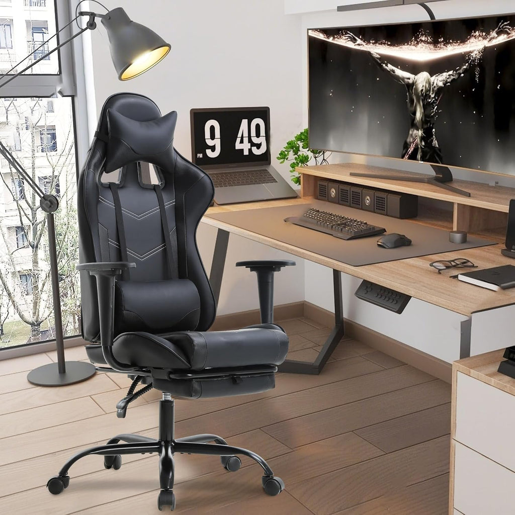 Massage Gaming Chair with Footrest, Office Desk Chair, Black
