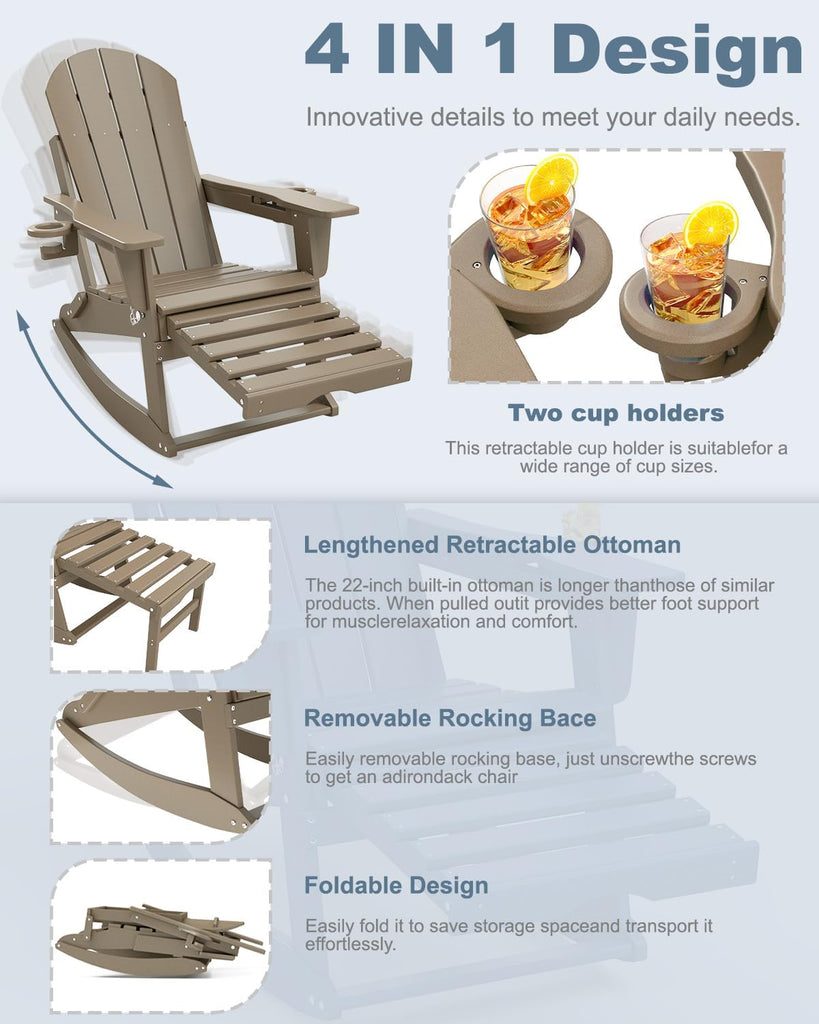 Folding Adirondack Rocking Chair with Retractable Ottoman, Brown | Folding Rocking Chair with Two Cup Holders ,High