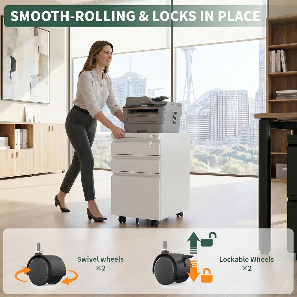 Small File Cabinet ,Metal Mobile Filing Cabinet | Fully Assembled,Under Desk,Rolling,Central Locking System,3