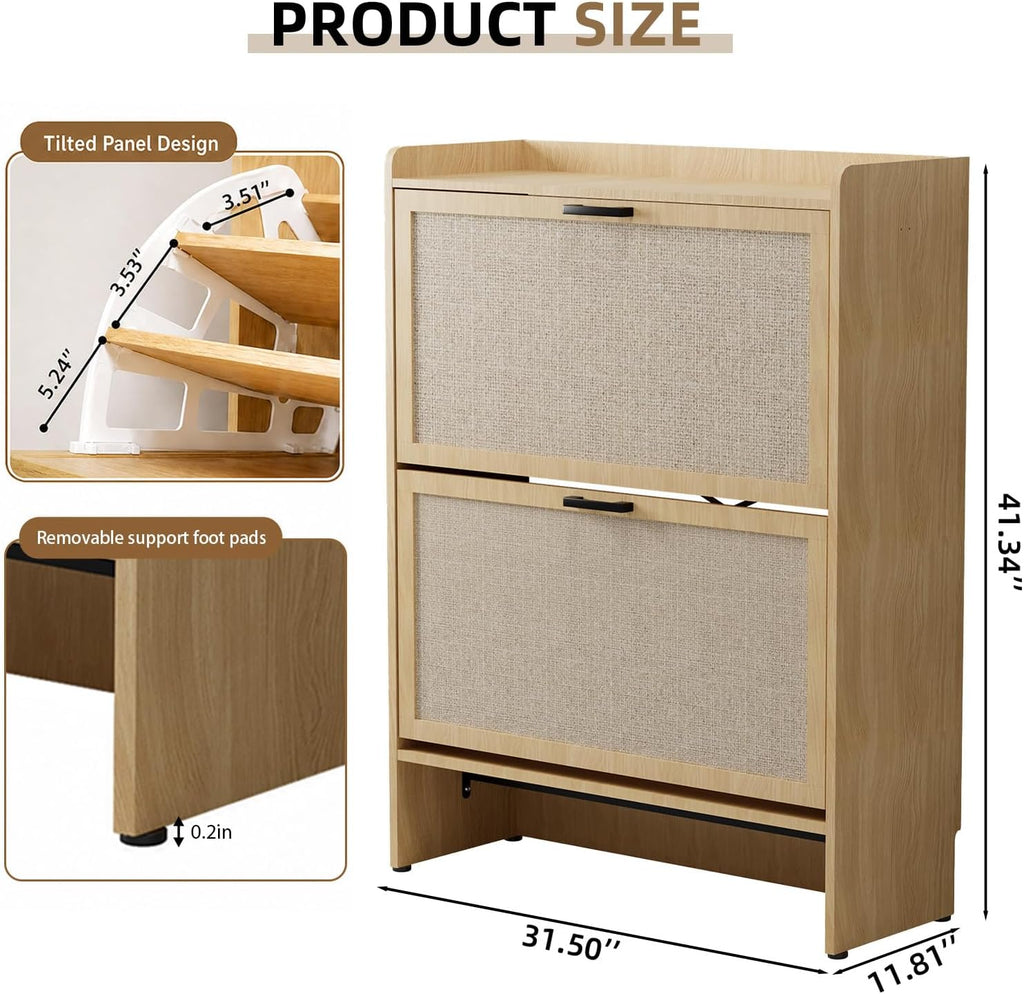 Shoe Storage Cabinet , 2 Flip Drawers with 3-Tier Rack Each, 6-Layer Total Storage, Narrow Shoe Cabinet with Linen