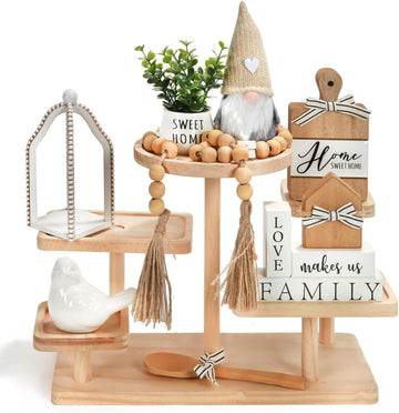Farmhouse Tiered Tray Decor Set, 8 PCS Rustic Sweet Home Tabletop Decorations with Wooden Signs Lantern Plant Gnome