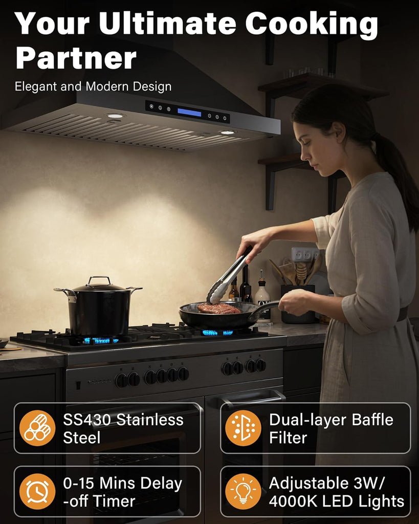 30 Inch Stainless Steel Wall Mount Range Hood 900 CFM Ultra-Quiet 4 Speed Touch & Remote Control, LED Lights Convertible Ducted/Ductless