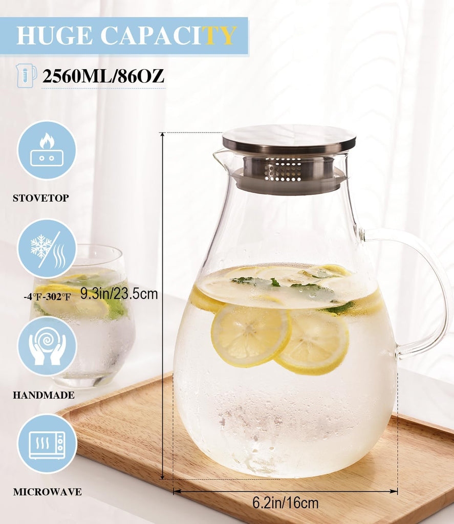 Glass Pitcher with Lid, 86oz Glass Water Pitcher, Large Hot Cold Water Jug, Borosilicate Drink Jug for Iced Tea