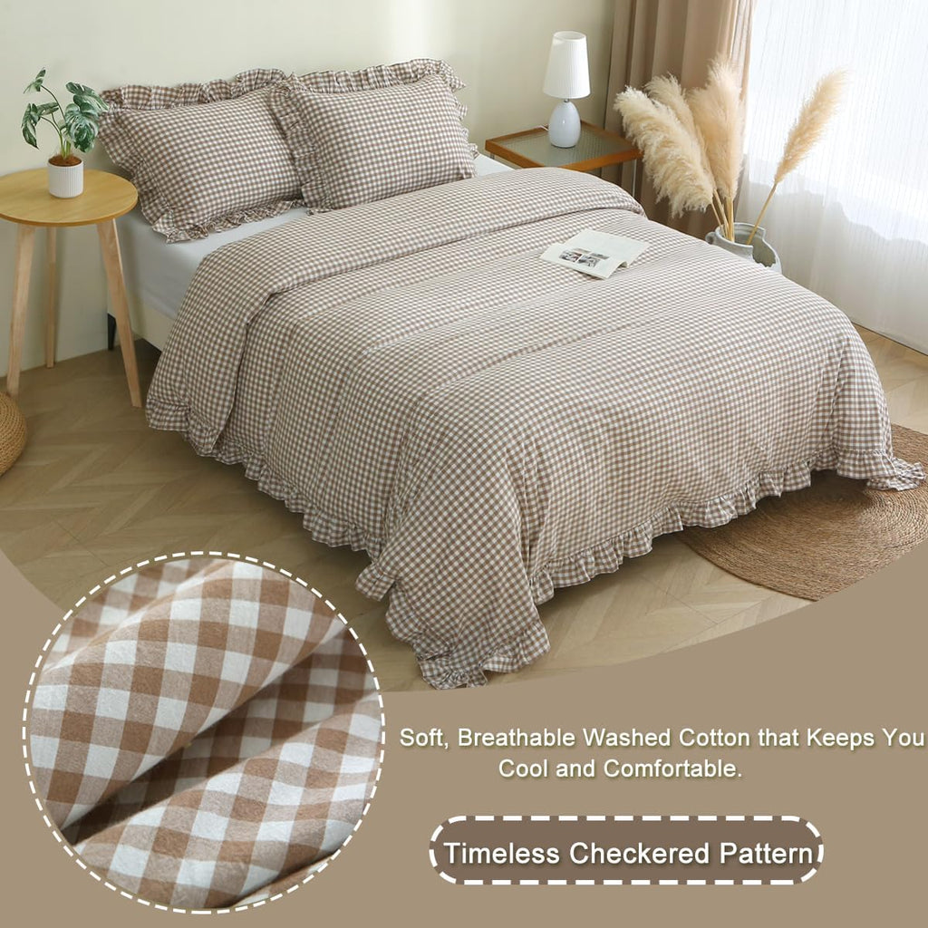 Taupe/White Plaid Ruffle Duvet Cover,100% Washed Cotton 3 Pcs Vintage Checkered Chic Gingham Bedding Set