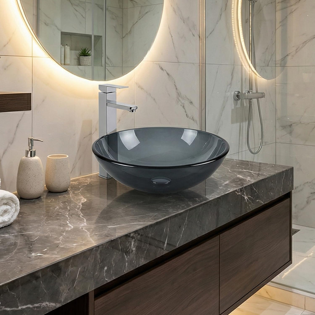 Bathroom Vessel Sink, Tempered Glass Vanity Round Bowl with Chrome Faucet and Pop up drain Set, Bluish Grey