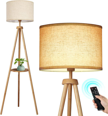 Wood Tripod Floor Lamp with Shelves, Mid Century Floor Lamp with Remote Control,4 Color Temperature