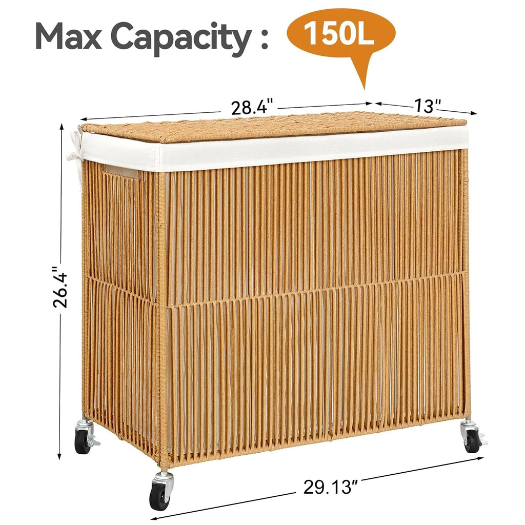 Laundry Basket 3 Section, Handwoven Laundry Hamper with Wheels