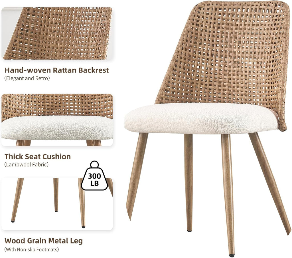 Rattan Dining Chairs Set of 4, Rattan Dining Chairs with Cane PE Rattan Backrest,Upholstered Boucle Fabric Dining