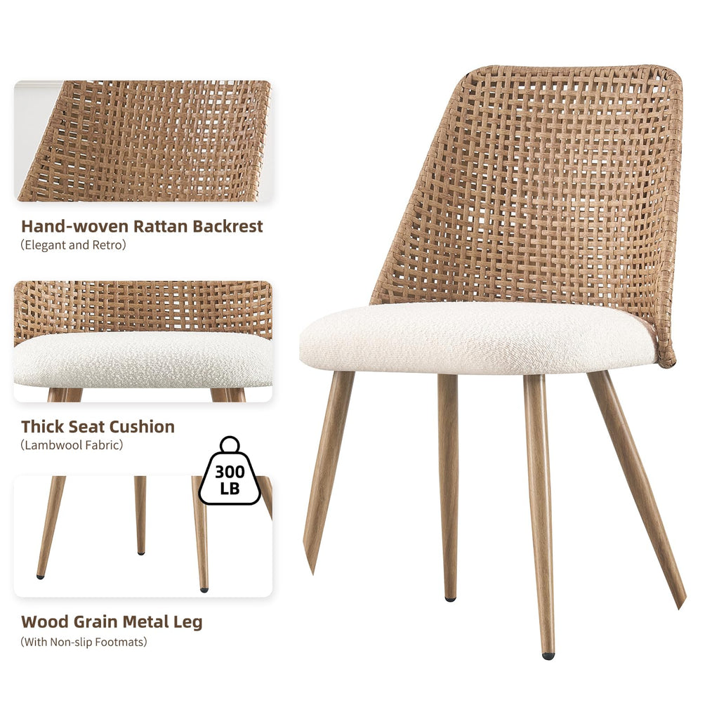 Rattan Dining Chairs Set of 4, Wicker Dining Chairs, Cane Back Dining Chairs with Woven PE Rattan Backrest and Boucle