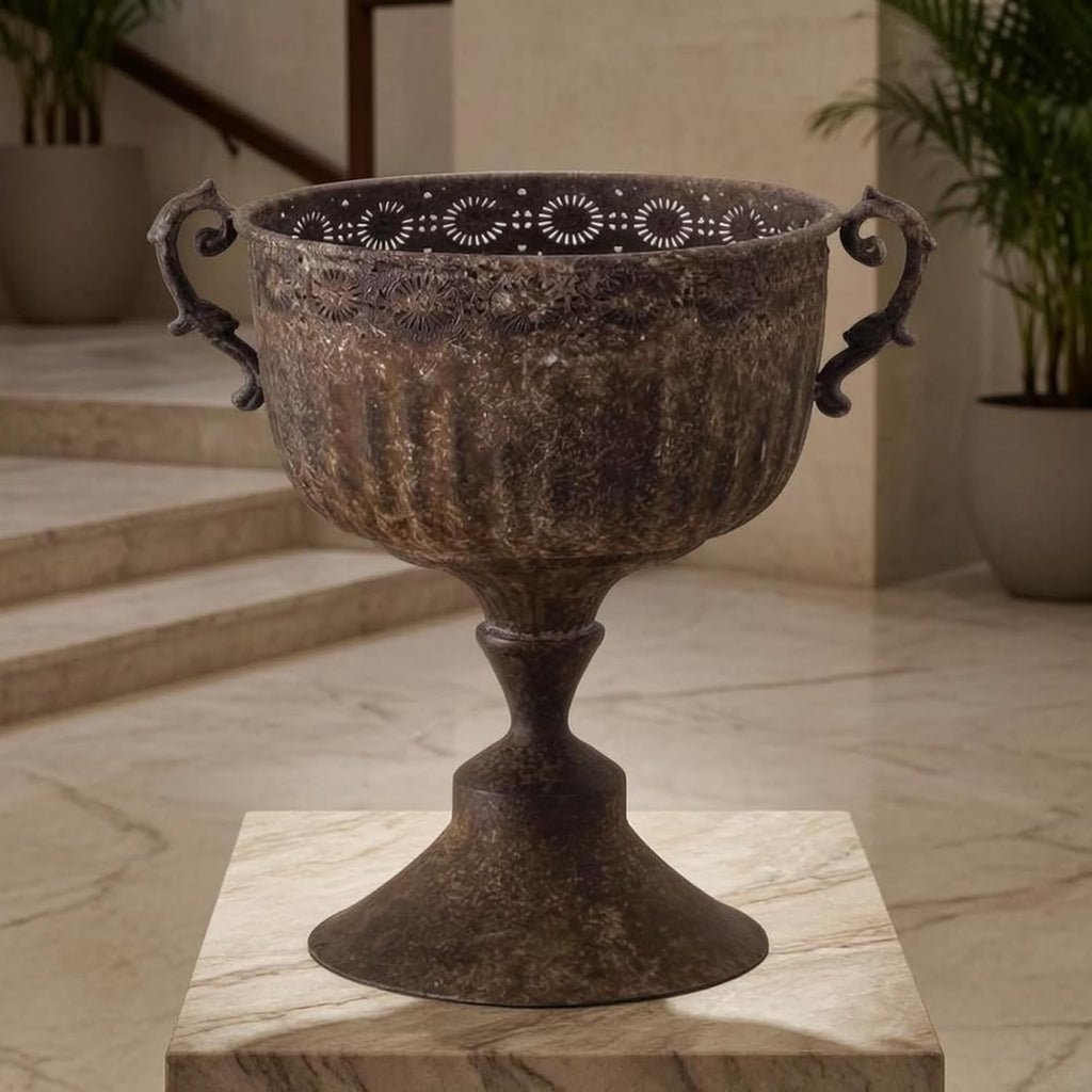 Outdoor Trophy Vase Antique Pedestal Planter Urn Flower Pot with Textured Stone Finish Iron Construction Stable