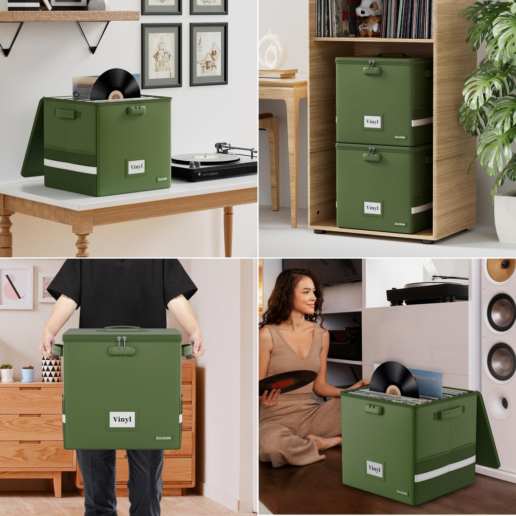 Vinyl Record Storage Box with Lock, Fireproof&Water Resistant Record Organizer for 100+ Single Records(12-inch)