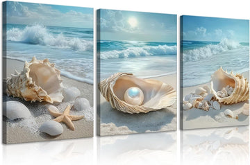 3Pcs Beach Themed Canvas Wall Art | Summer Beach Waves Pictures, Seashells Starfish and Pearl in Ocean Setting