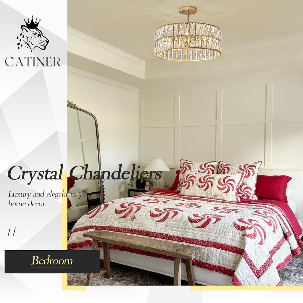 Modern Crystal Chandelier for Dining Room Gold Semi Flush Mount Ceiling Light Fixtures 18" Large Round Crystal