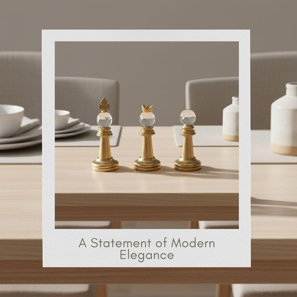 Turin Gold Chess Pieces- Metal & Glass Decorative Art with White Orb Tops and Metal Finish - Modern Home - Set of 3