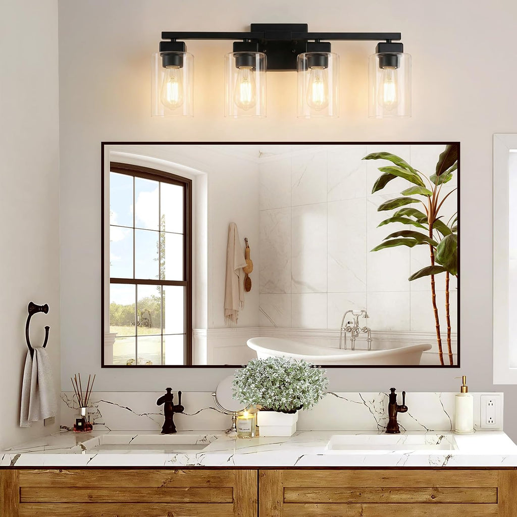 27" Bathroom Light Fixtures Over Mirror,4-Light Black Vanity Light | Square Clear Glass & Durable Metal, Quick & Easy