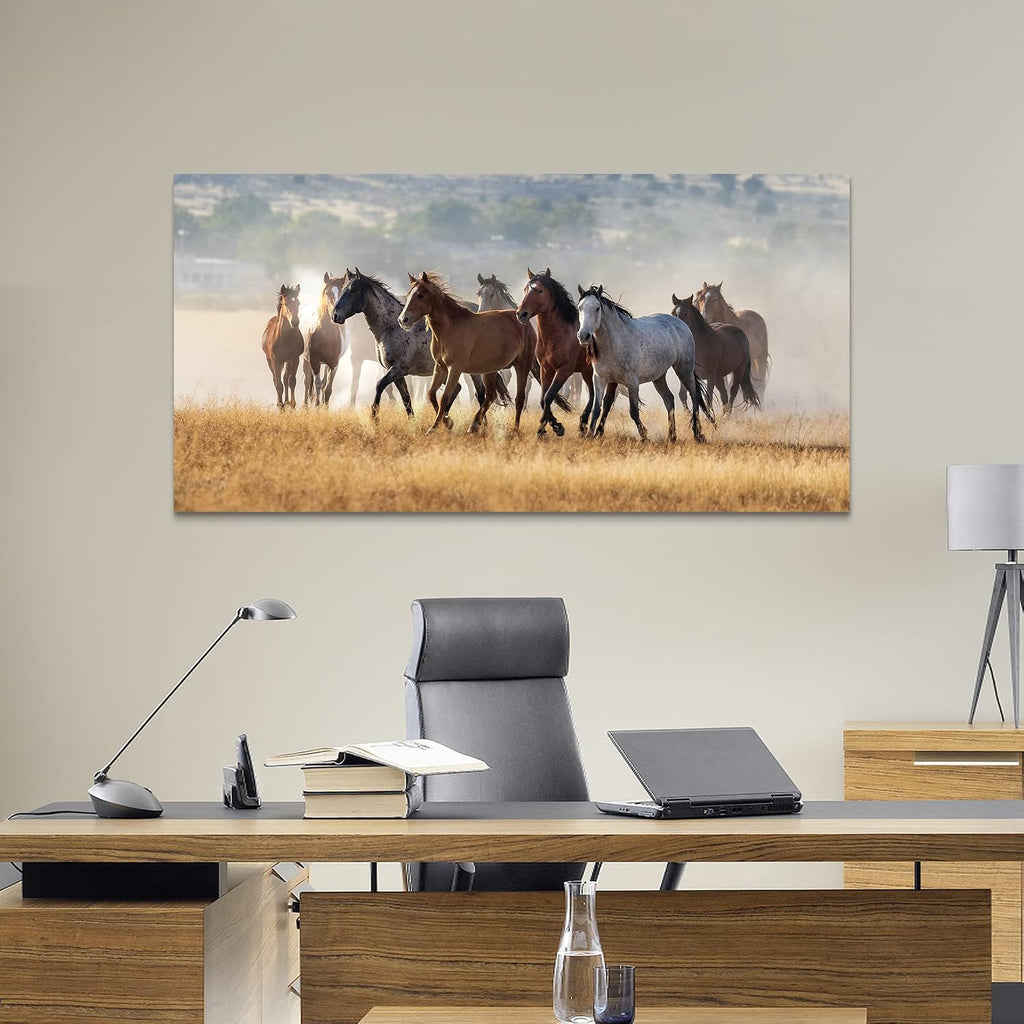 Rustic Horses Wall Art Decor: Western Farm Equine Canvas Picture Wild Animals Walking on Empty Grassland Farmhouse