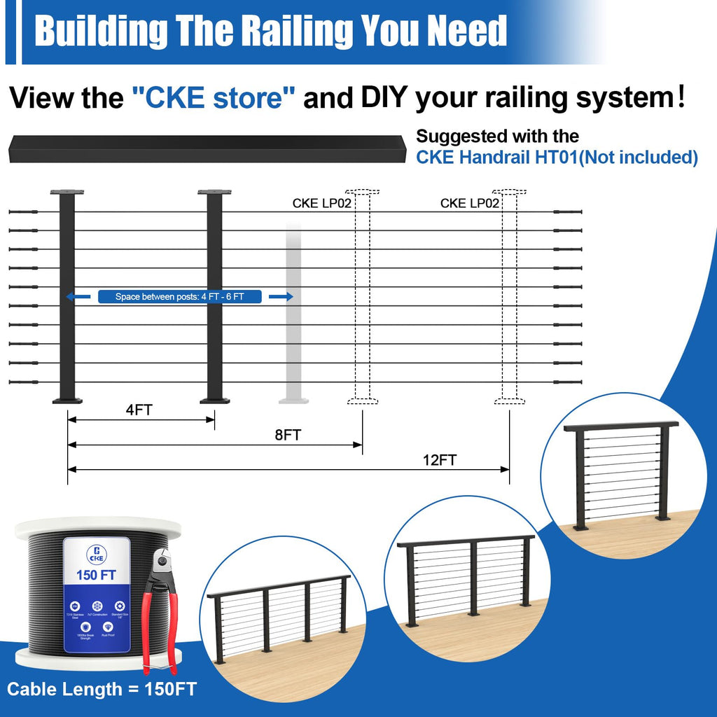 36" Level Drilled Cable Railing Post, Black Cable Railing Post (Post 35"x2"x2") for Deck Railing, Stainless Steel