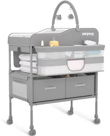Baby Changing Table, Mobile Folding Diaper Changing Station | Adjustable Height, Waterproof Surface, 2 Storage