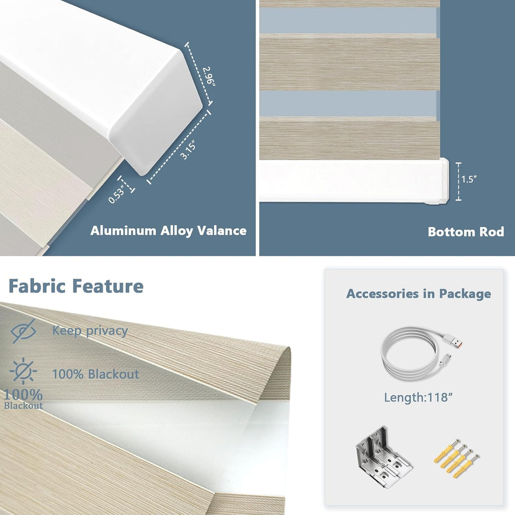 Motorized Zebra Blinds Custom Size Smart Dual Layer Shades for Windows with Remote | Assembled in USA | Electric Day