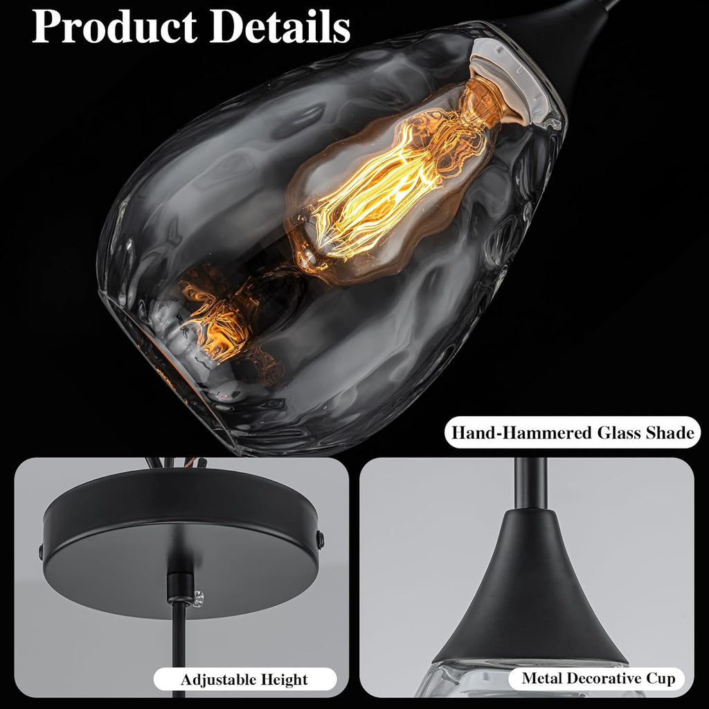 6.3" Glass Pendant Lights Kitchen Island,Modern Black Pendant Lights with Clear Water Ripple Glass Shade,1-Light
