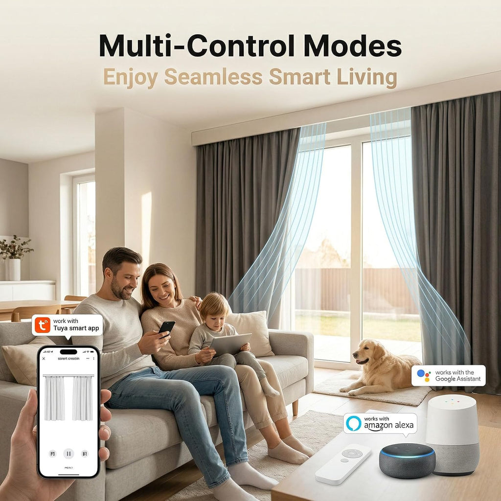 Pre-Assembled Telescopic Smart Curtain Track, No Splicing/Cutting, AC Plug-in WiFi Motor (No Hub Required)