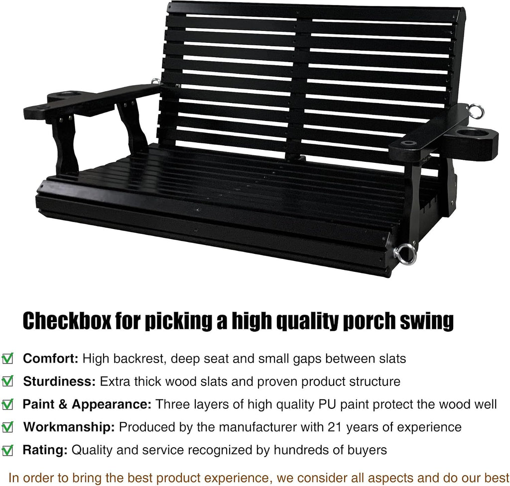Wooden Porch Swing 2-Seater, High Backrest and Deep Seat, Bench Swing with Cupholders, Hanging Chains and 7mm